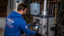 HVAC technician checking boiler controls and system pressure during seasonal service