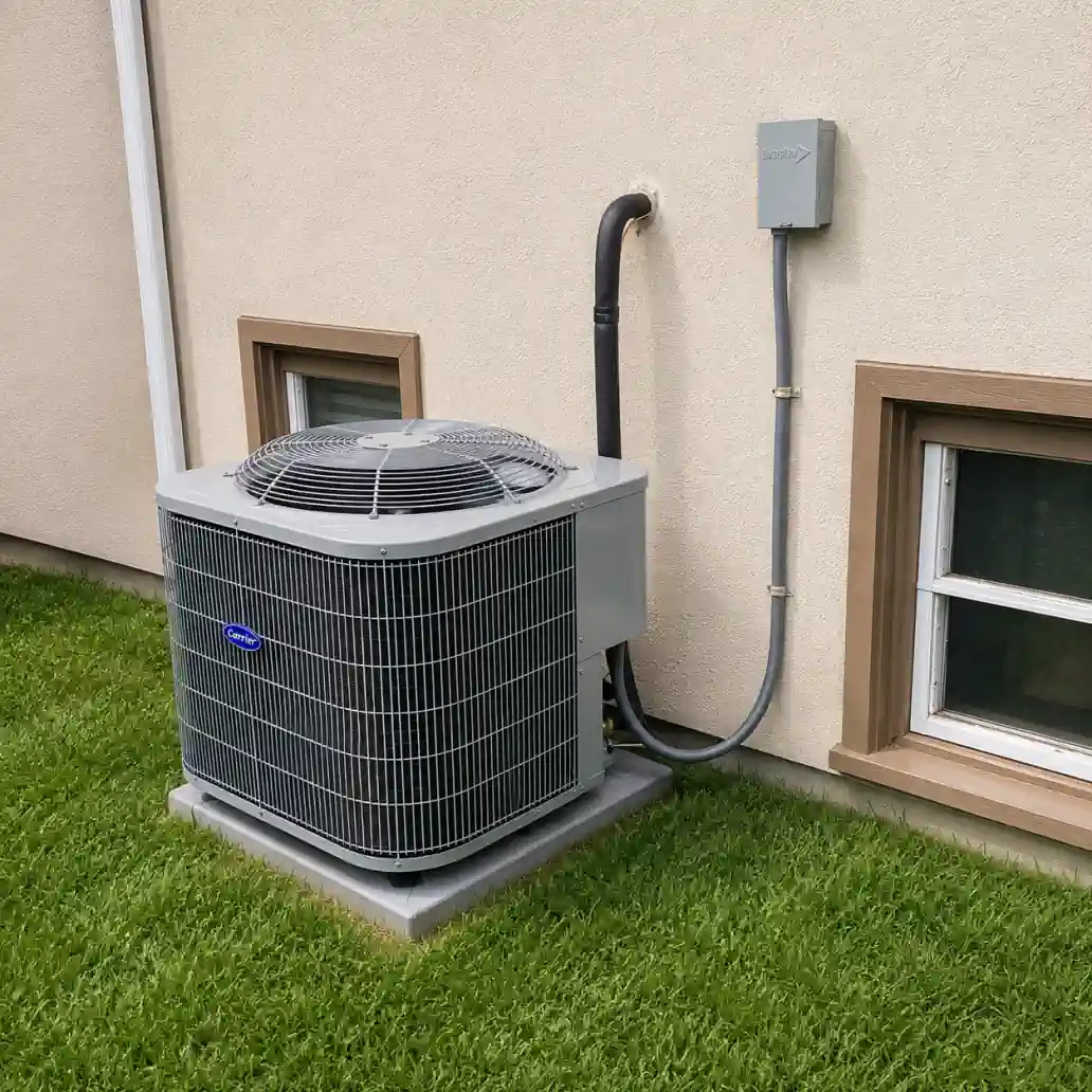 EMCO Tech HVAC Repair Chalfont - Carrier HVAC Unit by Stucco Wall