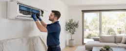 EMCO Tech Technician cleaning a ductless mini split coil to remove mold and allergens