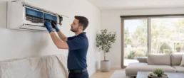 EMCO Tech Technician cleaning a ductless mini split coil to remove mold and allergens