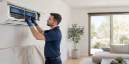 EMCO Tech Technician cleaning a ductless mini split coil to remove mold and allergens