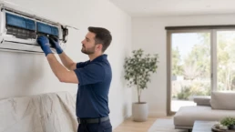 EMCO Tech Technician cleaning a ductless mini split coil to remove mold and allergens