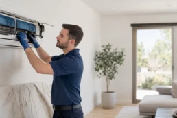 EMCO Tech Technician cleaning a ductless mini split coil to remove mold and allergens