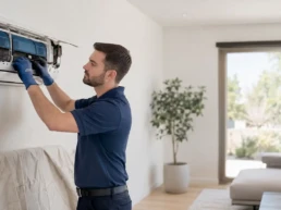 EMCO Tech Technician cleaning a ductless mini split coil to remove mold and allergens