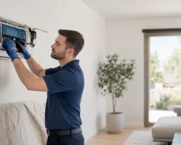EMCO Tech Technician cleaning a ductless mini split coil to remove mold and allergens